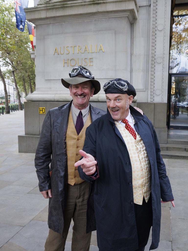 Daily Telegraph cartoonist Warren Brown and Editor-at-large Matthew Benns outside Australia House in London as they start their three month journey to Australia.