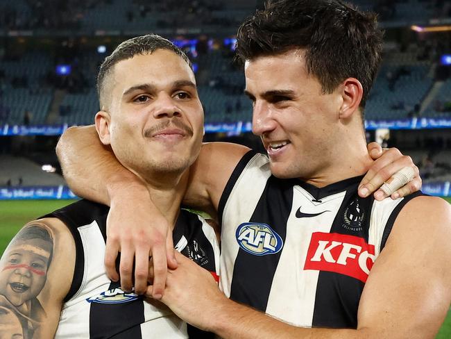 MELBOURNE, AUSTRALIA - JUNE 16: Bobby Hill of the Magpies and Nick Daicos of the Magpies celebrate during the 2024 AFL Round 14 match between the North Melbourne Kangaroos and the Collingwood Magpies at Marvel Stadium on June 16, 2024 in Melbourne, Australia. (Photo by Michael Willson/AFL Photos via Getty Images)
