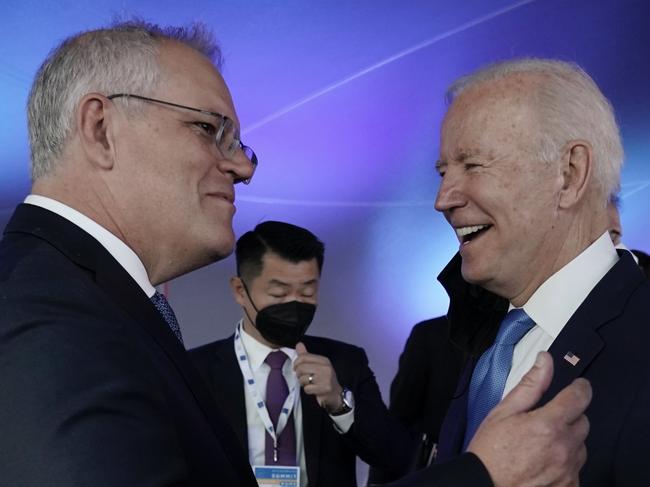 Australian Prime Minister Scott Morrison attends the G20 Official Welcome and Family photo and chats with US President Joe Biden in Rome on Saturday, October 30, 2021. Picture: Adam Taylor