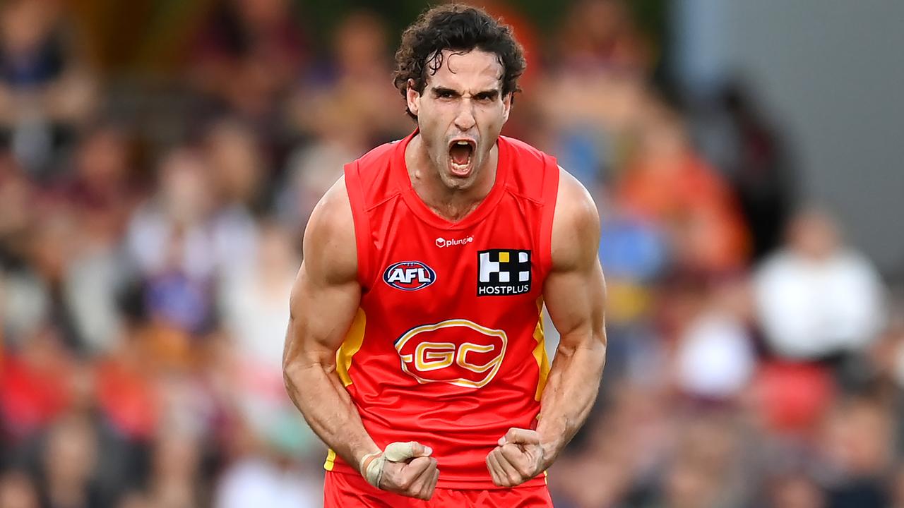 GOLD COAST, AUSTRALIA - JULY 29: Ben King of the Suns celebrates kicking a goal during the round 20 AFL match between Gold Coast Suns and Brisbane Lions at Heritage Bank Stadium, on July 29, 2023, in Gold Coast, Australia. (Photo by Albert Perez/AFL Photos via Getty Images)