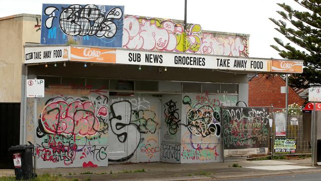 The heavily graffitied former milk bar on Roslyn Rd Belmont near the Roberts Rd intersection. Picture: Alison Wynd