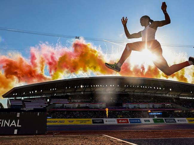 BIRMINGHAM, ENGLAND - AUGUST 07: Abigail Irozuru of Team England takes part in a practice jump for the Women's Long Jump Final during Athletics Track & Field on day ten of the Birmingham 2022 Commonwealth Games at Alexander Stadium on August 07, 2022 on the Birmingham, England. (Photo by David Ramos/Getty Images)