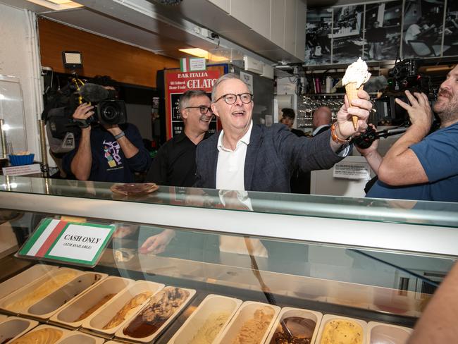 Re-elected Prime Minister Anthony Albanese celebrates his landslide election win in Bar Italia in Leichhardt. Picture: Julian Andrews