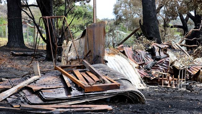 A burnt out structure on Mount Bod Road after the Cherry Gardens fire. Picture: Kelly Barnes