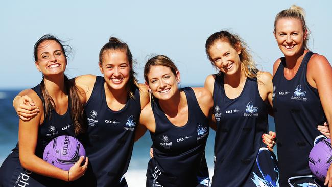 Members of the Manly Warringah Sapphires netball squad, from left Meg Richardson, Teigan O'Shannassy, Nikki Deeganaars, Mikah van Gough, and Brooke Miller. Picture: Braden Fastier