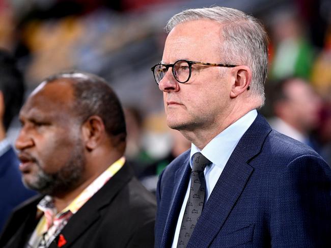 Mr Albanese and Papua New Guinean Prime Minister James Marape were photographed together at the International match between Australian Men's PMs XIII and PNG Men's PMs XIII in Brisbane in September. Picture: Bradley Kanaris/Getty Images