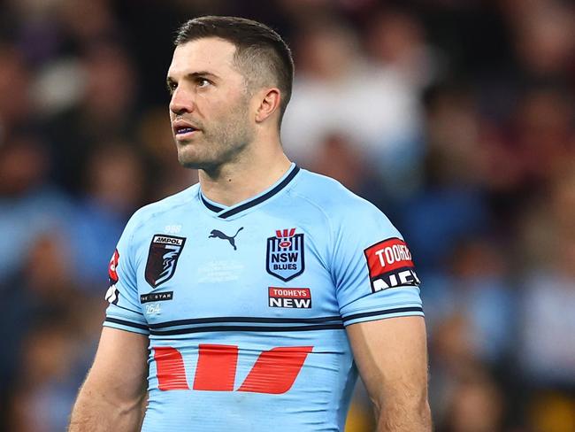 BRISBANE, AUSTRALIA - JUNE 21:  James Tedesco of the Blues looks on during game two of the State of Origin series between the Queensland Maroons and the New South Wales Blues at Suncorp Stadium on June 21, 2023 in Brisbane, Australia. (Photo by Chris Hyde/Getty Images)