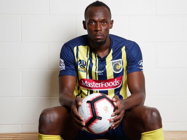 Usain Bolt in his Central Coast Mariners uniform. Picture: David Swift.