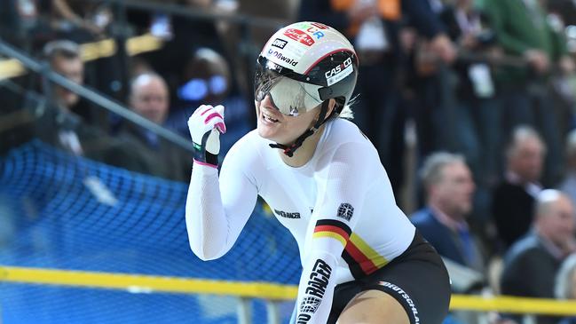 (FILES) In this file photo taken on March 02, 2018 Gold medalist Germany's Kristina Vogel celebrates winning the women's sprint final during the UCI Track Cycling World Championships in Apeldoorn. - Germany's Olympic and world sprint cycling champion Kristina Vogel is a paraplegic using a wheelchair since a June accident, she revealed in an interview published on September 9, 2018. (Photo by EMMANUEL DUNAND / AFP)