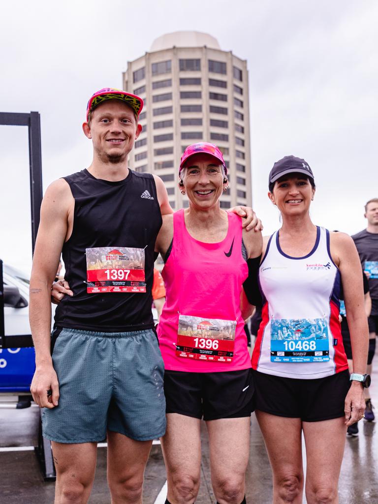 Laurie and Lyndel Groom and Bridget Rutti at the start of the Point to Pinnacle. Picture: Linda Higginson