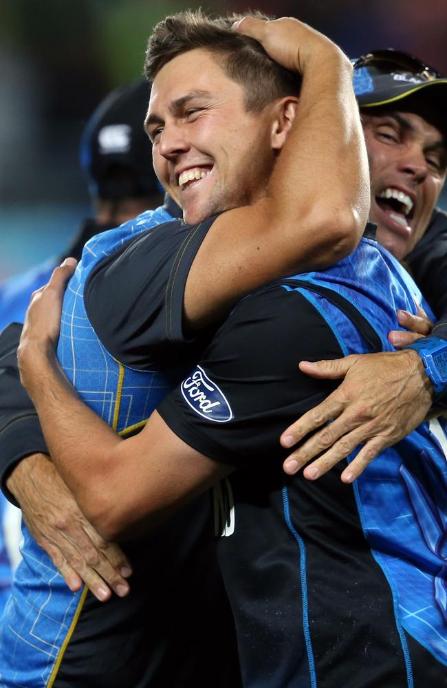 Trent Boult celebrates New Zealand’s semi-final win over South Africa on Tuesday night. Picture: AFP