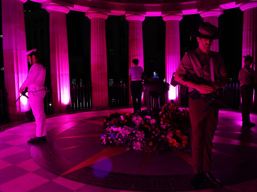 Soldiers at the Shrine of Remembrance during the ANZAC Day Dawn Service held in Brisbane. Picture: NCA NewsWire/Tertius Pickard
