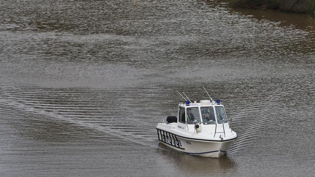 A police boat on the Maribyrnong River searching for clues to Mrs Ristevski's disappearance. Picture: Hamish Blair