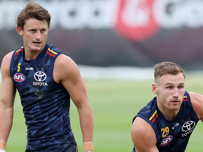 Friday, 18th February, 2022 - Crows Training at West Lakes. Rory Laird and Matt Crouch Picture: Sarah Reed