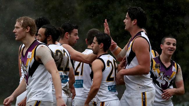 Tom Boyd celebrates with teammates after kicking a goal on his return to Norwood.