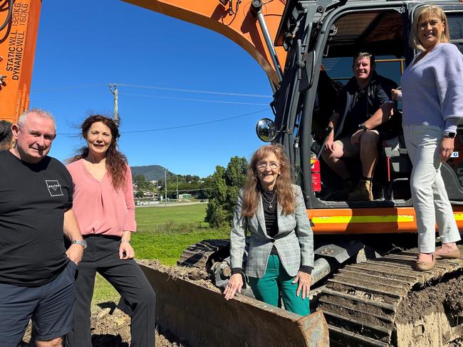 Announcing the start of work on the new stormwater pump station behind Brothers Leagues Club at Murwillumbah on May 20, 2024 are from left Brothers Leagues Club Manager David Orr, Mayor Chris Cherry, Janelle Saffin MP, Brothers Board Member Glenn Weaver and Justine Elliot MP. Picture: Supplied