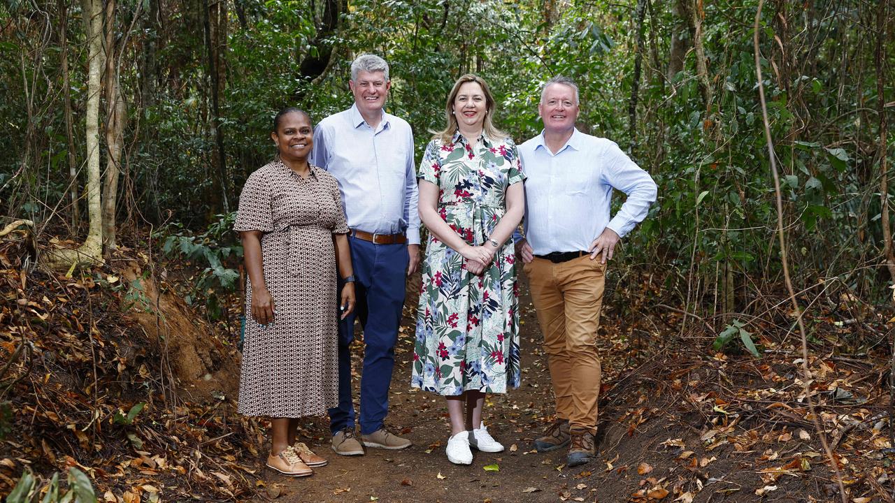 The Queensland Government has signed a historic land use agreement with the Djabugay Nations traditional owners to allow for the continuation of works on the Wangetti Trail hiking and cycling track, from Palm Cove to the Mowbray River. Cook MP Cynthia Lui, Tourism Minister Stirling Hinchliffe, Queensland Premier Annastacia Palaszczuk and Cairns MP Michael Healy on the section of the Wangetti Trail currently under construction at Palm Cove. Picture: Brendan Radke