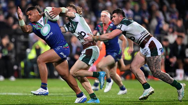 Leka Halasima of the Warriors charges forward during the round eight NRL match between New Zealand Warriors and Newcastle Knights at Apollo Projects Stadium, on April 25, 2025, in Christchurch, New Zealand. (Photo by Joe Allison/Getty Images)