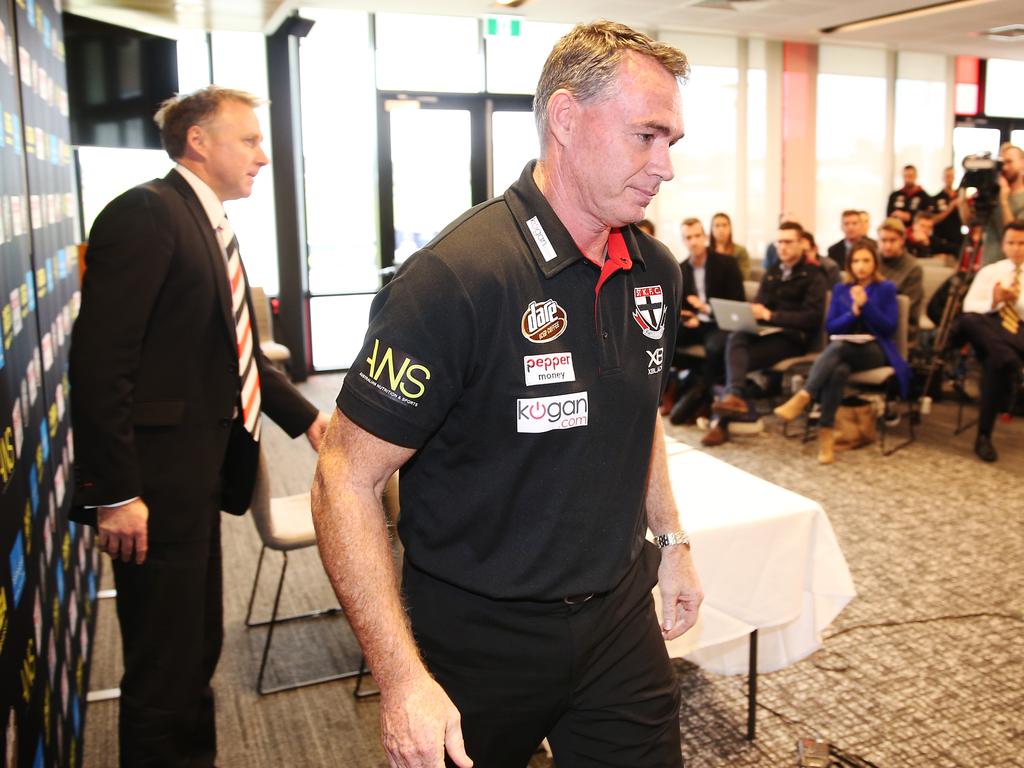 Alan Richardson leaving a press conference after being sacked by the Saints. Picture: Michael Dodge/Getty Images