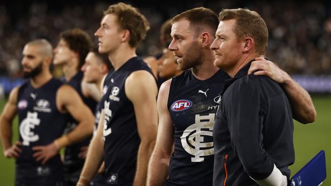 Carlton players react after missing the finals last year. Picture: Getty Images