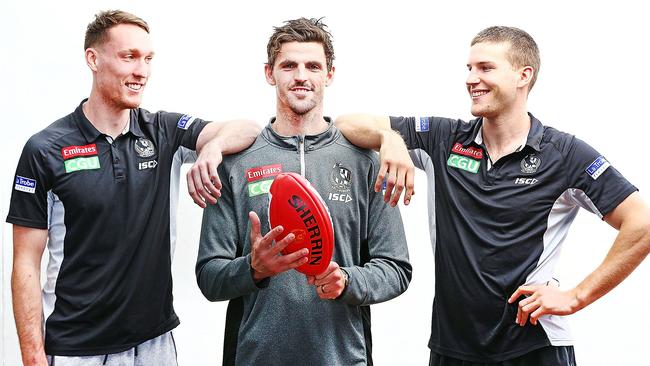 Collingwood captain Scott Pendlebury flanked by Magpies finals debutants Jack Madgen and Brayden Sier. Picture: Getty Images