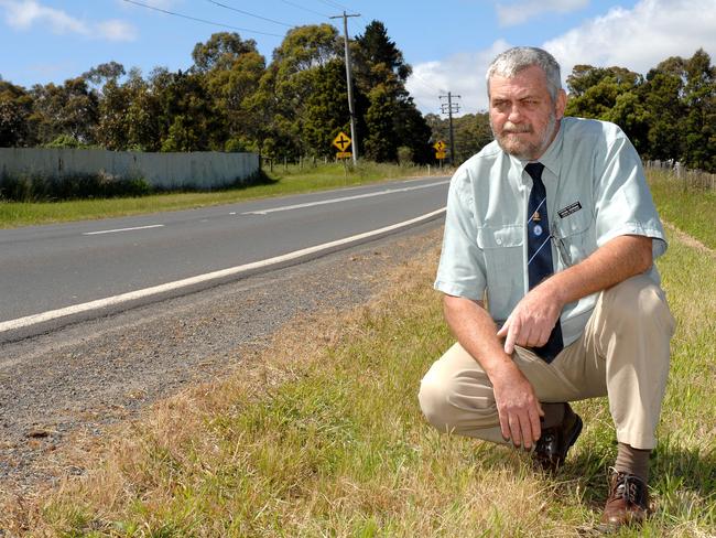 Mr Goonan revisiting the scene of the hit-run accident that killed Hughie Wilson in 1976. Picture: Nigel Hallett