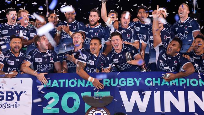 Queensland players celebrate victory after the NRC Grand Final match between Canberra and Queensland Country at Viking Park on November 11, 2017 in Canberra. Picture: Getty Images