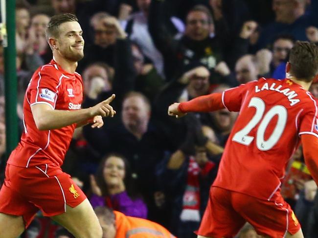 LIVERPOOL, ENGLAND - MARCH 04: Jordan Henderson of Liverpool celebrates scoring the opening goal during the Barclays Premier League match between Liverpool and Burnley at Anfield on March 4, 2015 in Liverpool, England. (Photo by Michael Steele/Getty Images)