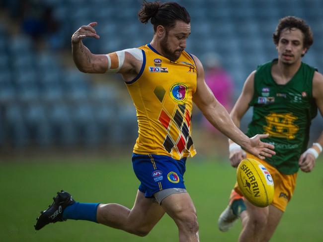 Brenton Motlop brought up 150 NTFL games for Wanderers in the match against Tiwi Bombers. Picture: Che Chorley