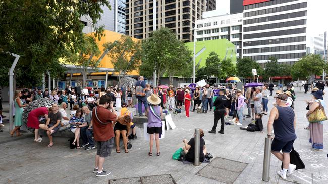 Protesters gather in Brisbane on Sunday. Picture: Steve Pohlner