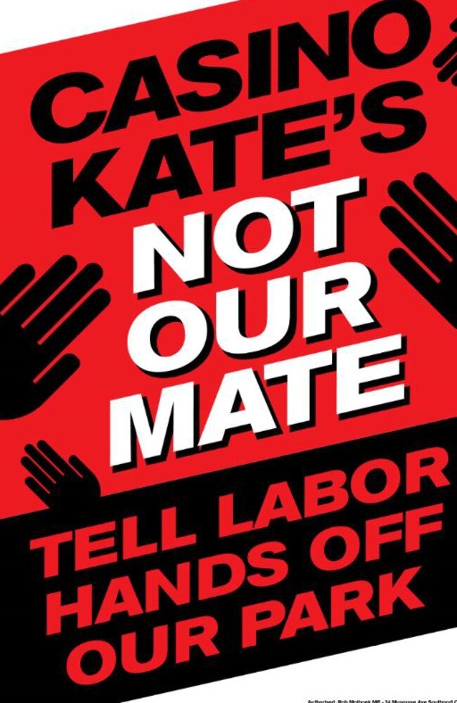 Gold Coast casino placards organised by LNP MP Rob Molhoek featuring Kate Jones.