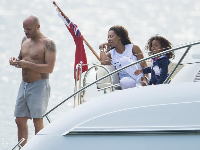 Happy family? Stephen Belafonte, Mel B, and their daughter Madison, on Sydney Harbour last November. Picture: Matrix Media