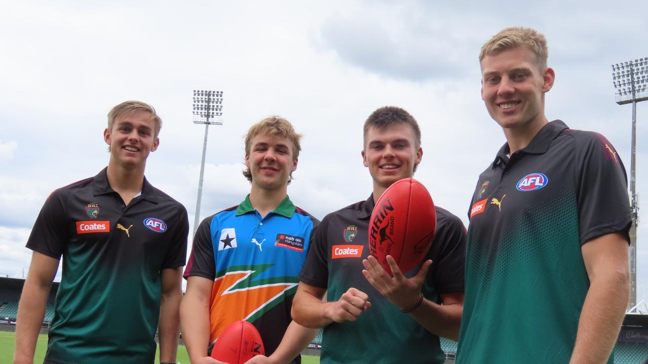 Launceston's draft prospects James Leake, Ryley Sanders, Colby McKercher and Arie Schoenmaker at UTAS Stadium. Picture: Jon Tuxworth