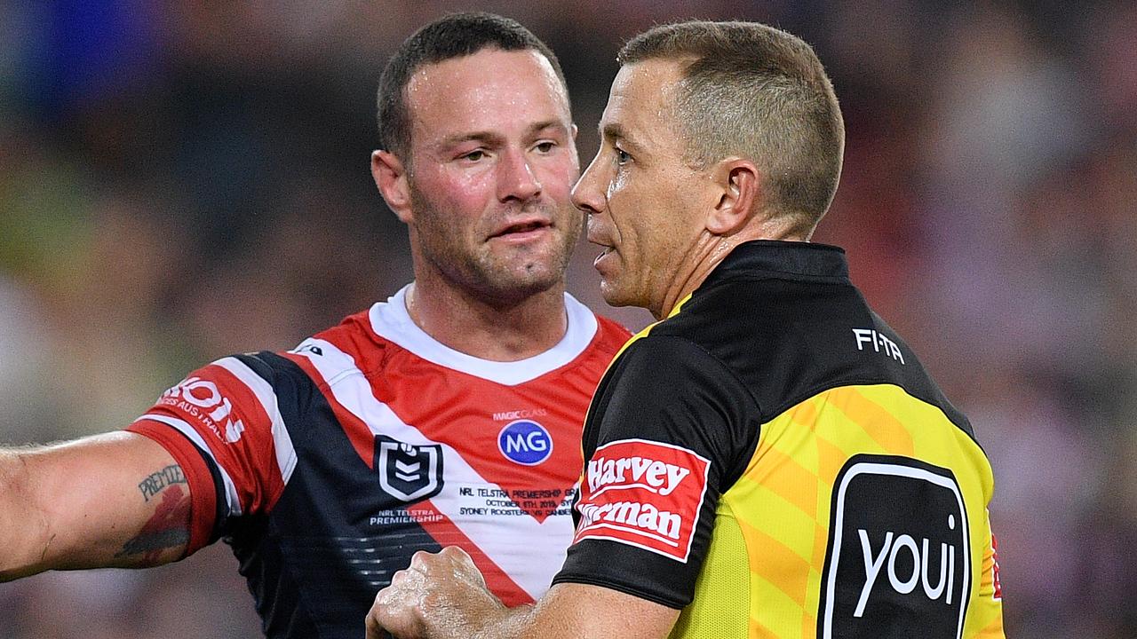 Boyd Cordner of the Roosters remonstrates with referee Ben Cummins.