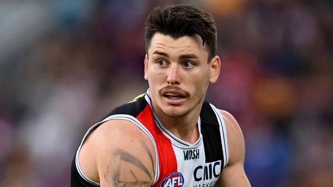 BRISBANE, AUSTRALIA - AUGUST 26: Josh Battle of the Saints in action during the round 24 AFL match between the Brisbane Lions and St Kilda Saints at The Gabba, on August 26, 2023, in Brisbane, Australia. (Photo by Albert Perez/AFL Photos via Getty Images)