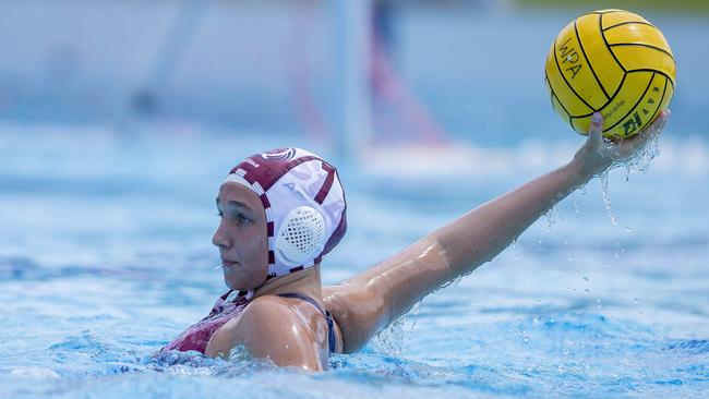 Action from the Water Polo 15&U and 17&U Female National State Championships at the Gold Coast Aquatic Centre, Southport, on Tuesday 27 September 2022.  15&U Gold  medal game match between QLD Maroon and NSW Blues.  QLD's #7  Willow Spero.  Picture: Jerad Williams