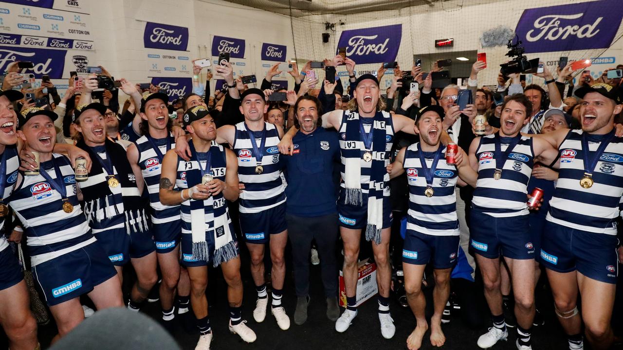 The Geelong Cats sing the team song after the 2022 Toyota AFL Grand Final. (Photo by Dylan Burns/AFL Photos via Getty Images)