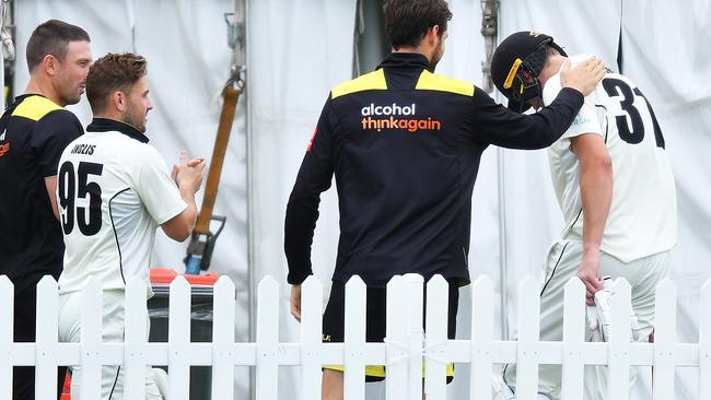 Plenty of pats on the back for centurion Cameron Green after his big day in the Sheffield Shield in Adelaide on Wedsnesday. (Photo by Mark Brake/Getty Images)