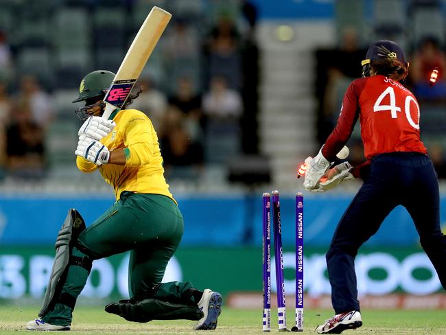 Chloe Tryon of South Africa is bowled by Sophie Ecclestone of England. Picture: AAP Image/Richard Wainwright