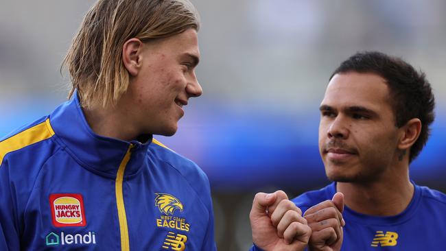 Harley Reid with Eagles teammate Jamaine Jones. Picture: Paul Kane/Getty Images