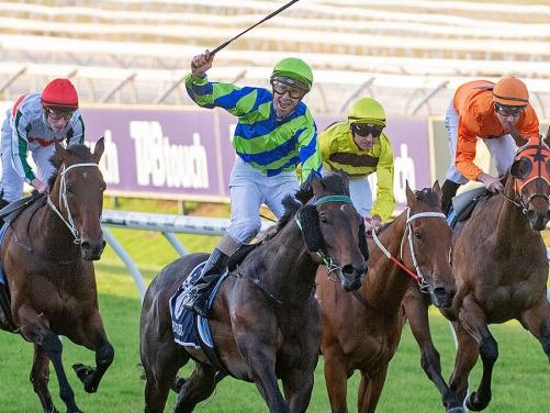 Bustler wins the 2023 Group 1 Railway Stakes at Ascot for jockey Steven Parnham and trainer Neville Parnham. Picture: Western Racepix