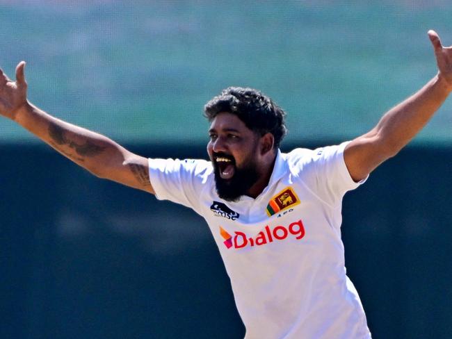 Sri Lanka's Prabath Jayasuriya unsuccessfully appeals for leg before wicket (LBW) against Australia's Beau Webster during the third day of second test cricket match between Australia and Sri Lanka at the Galle International Cricket Stadium in Galle on February 8, 2025. (Photo by Ishara S. KODIKARA / AFP)