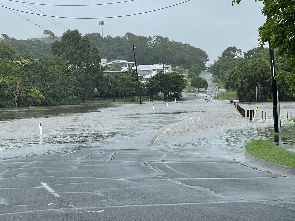 Mackay weather. Water flowing over Hicks Rd at Glenella after Mackay was drenched on Tuesday morning, February 4, 2025. Picture: Janessa Ekert