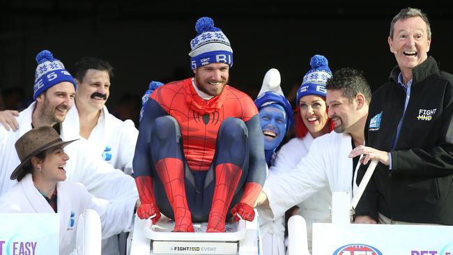 Dane Swan hopes his Spider-Man suit might protect him. Picture: Michael Klein