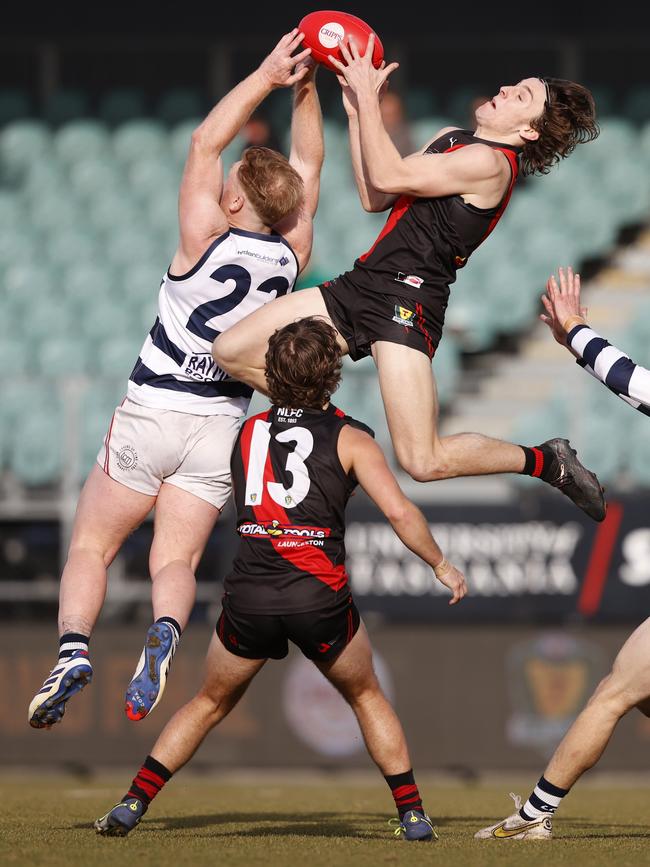 Bryce Walsh Lauderdale and Brandon Leary North Launceston. TSL grand final 2024 - North Launceston V Lauderdale. Picture: Nikki Davis-Jones