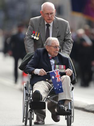 ANZAC day marchers in Elizabeth St, Sydney. Picture: John Grainger