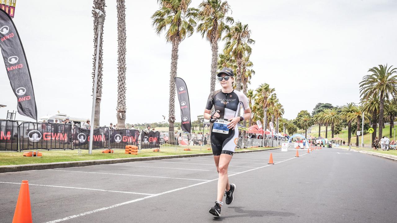 While Ms Martin’s training tapered during treatment, she maintained enough fitness to complete the Ironman 70.3 Geelong. Picture: Supplied