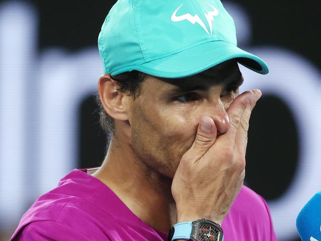 Nadal tries to compose himself through the tears. Picture: Michael Klein