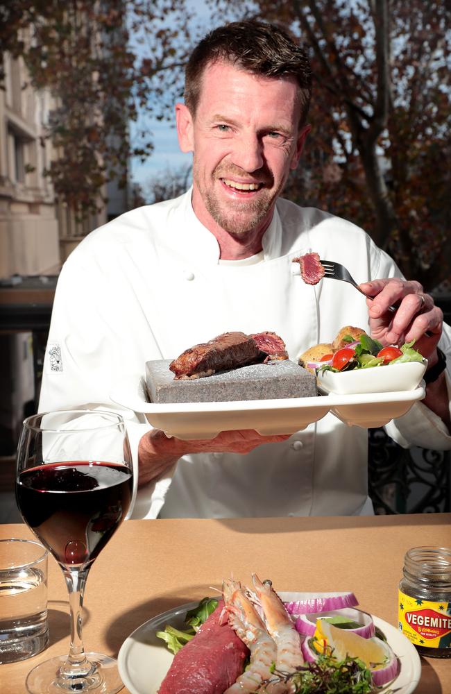 Strathmore Hotel executive chef Randall Culliver at his Balcony Restaurant with Aussie Fare which is wild, sustainable premium quality kangaroo seared on a stonegrill. Picture: Dylan Coker