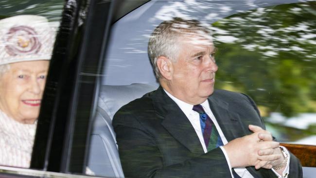 Queen Elizabeth II and Prince Andrew are driven from Crathie Kirk Church following the service on August 11, 2019. Picture: Duncan McGlynn/Getty Images